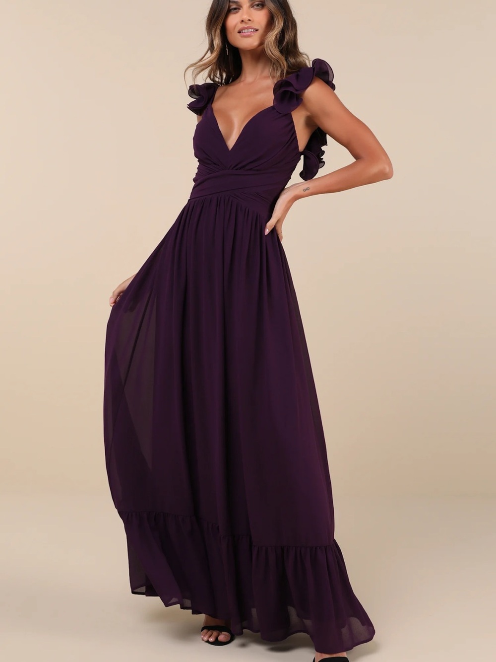 Soiree Celebration Purple Ruffled Lace-Up Maxi Dress